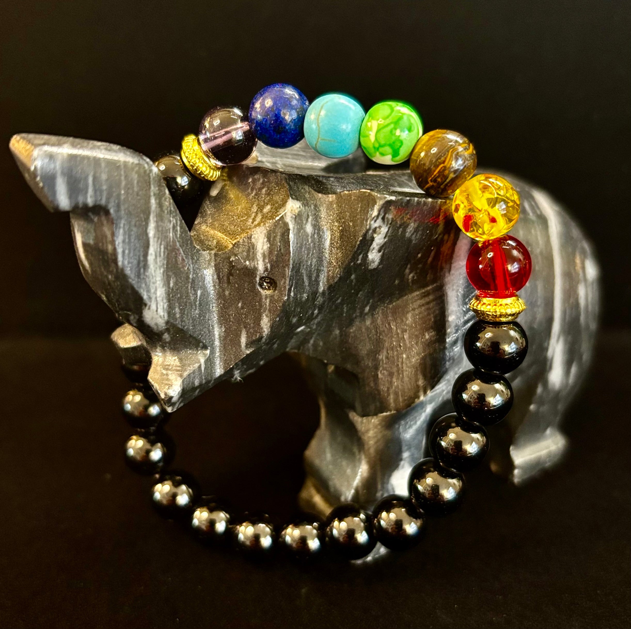 7 Chakra & Black Onyx Reiki-Infused Balance & Protection Bracelet (Medium Wrist)